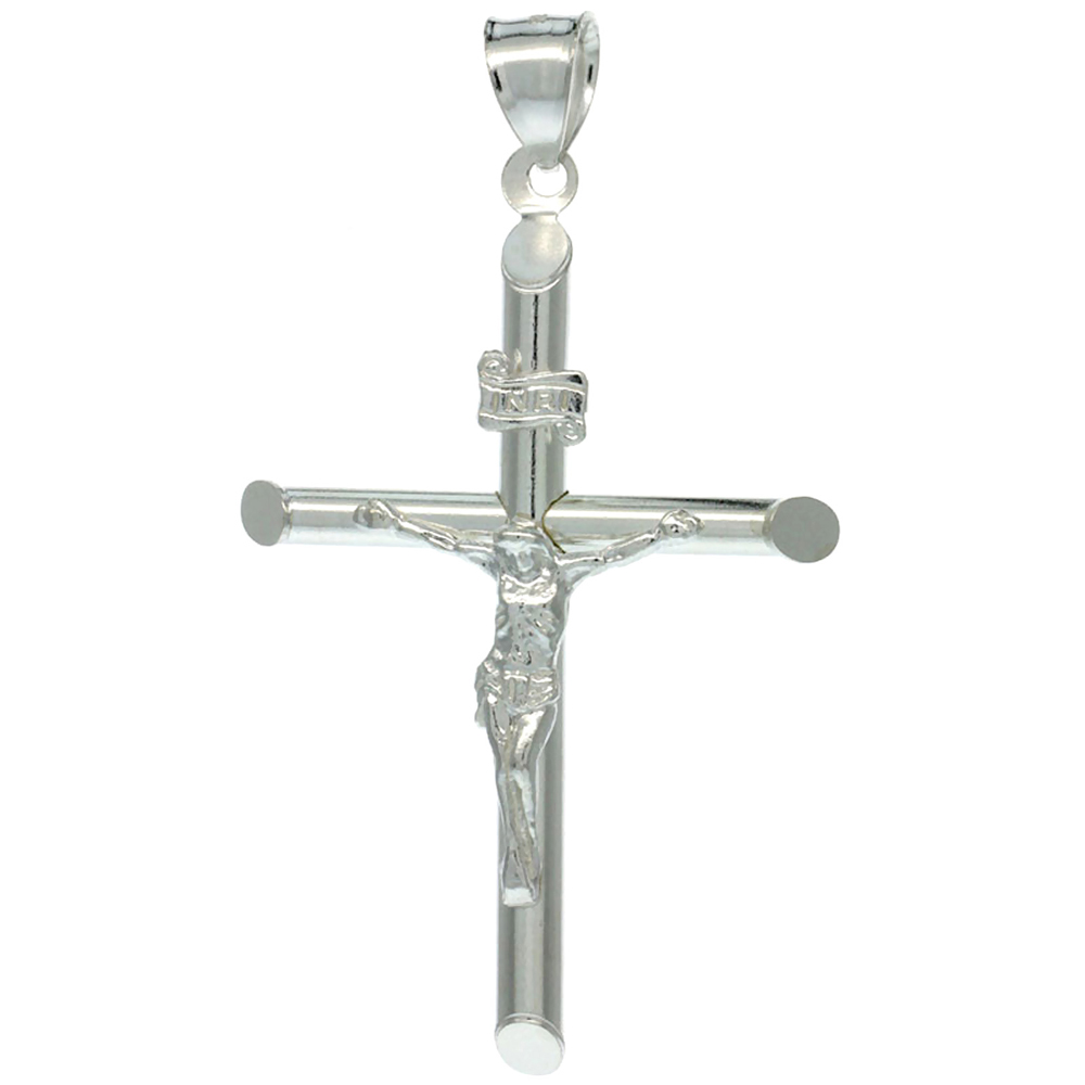 STERLING SILVER CRUCIFIX PENDANT W/ TUBULAR CROSS, 1 7/8 INCH TALL