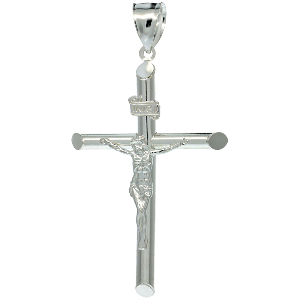 STERLING SILVER CRUCIFIX PENDANT W/ TUBULAR CROSS, 2 1/8 INCH TALL