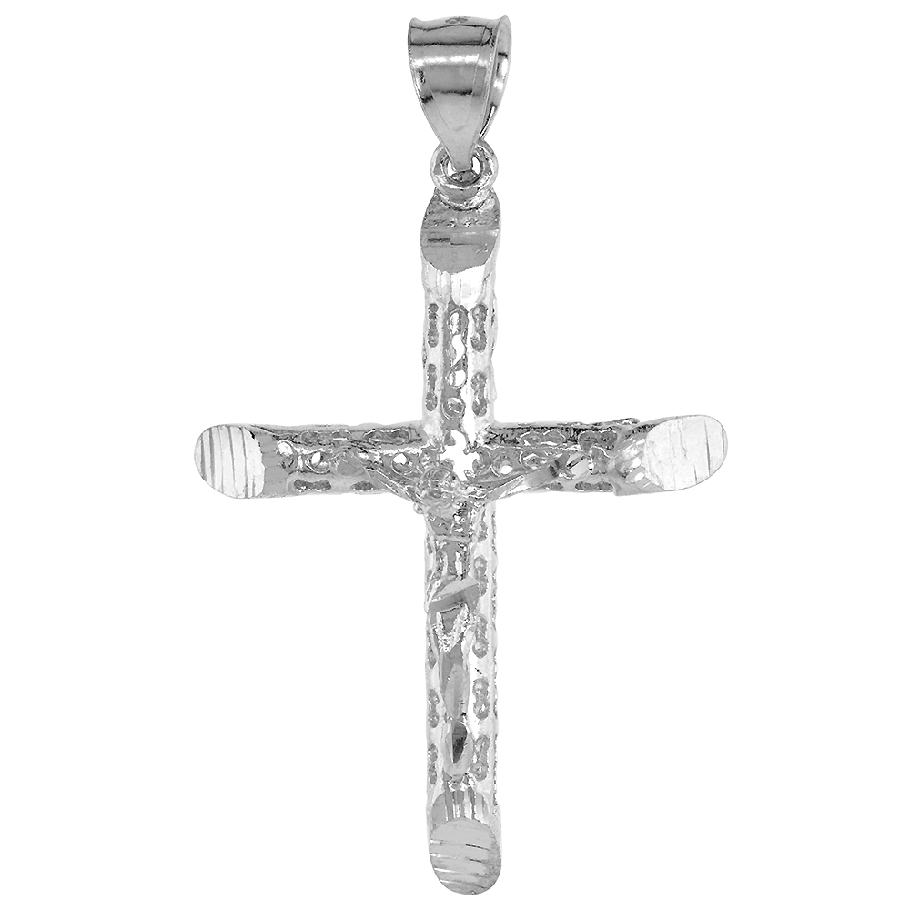 STERLING SILVER LARGE TUBULAR CRUCIFIX PENDANT TEXTURED, 1 3/4 INCH TALL