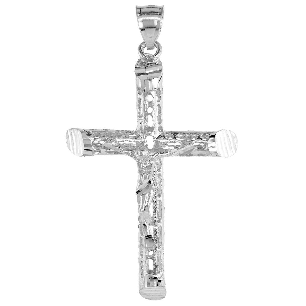 Sterling Silver Large Tubular Crucifix Pendant Textured, 2 1/16 inch tall