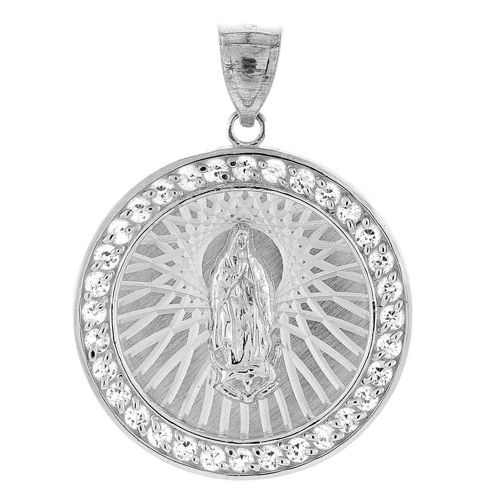 Sterling Silver Miraculous Medal Necklace Round Virgin Mary Cubic Zirconia Halo, 1 1/16 inch