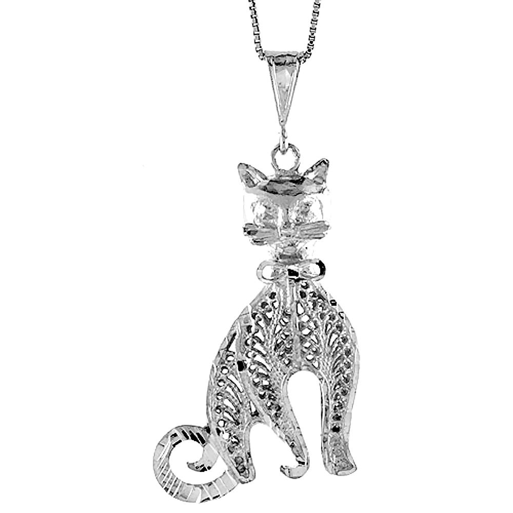 STERLING SILVER LARGE FILIGREE CAT PENDANT, 1 7/8 INCH