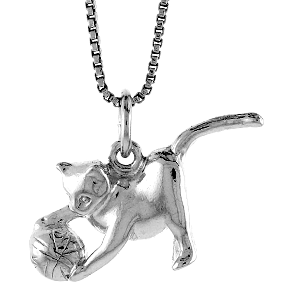 STERLING SILVER CAT W/ BALL OF YARN PENDANT, 1/2 INCH TALL