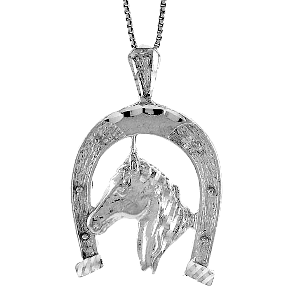 STERLING SILVER LARGE HORSE & HORSESHOE PENDANT, 1 1/4 INCH TALL