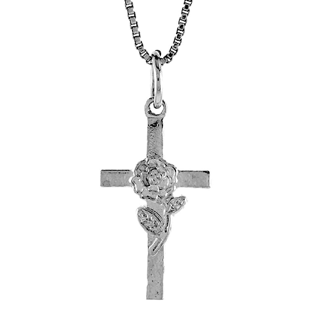 STERLING SILVER CROSS WITH FLOWER PENDANT, 7/8 INCH
