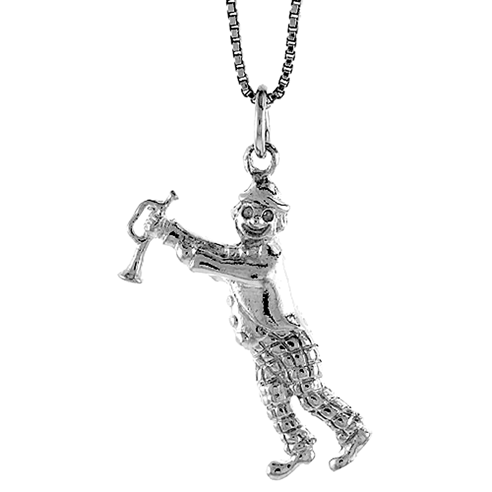 STERLING SILVER HORN PLAYER CLOWN PENDANT, 1 1/16 INCH TALL