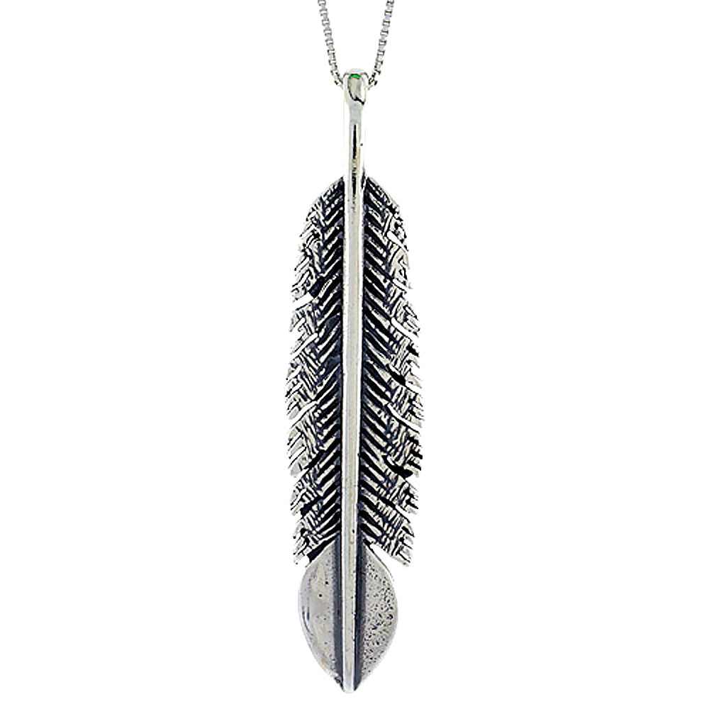STERLING SILVER LARGE FEATHER PENDANT, 2 3/8 INCH TALL