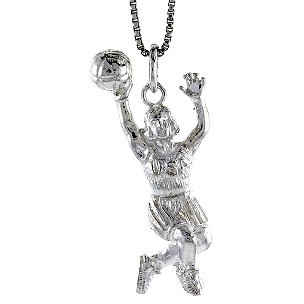 STERLING SILVER WOMAN BASKETBALL PLAYER PENDANT, 1 1/2 INCH TALL