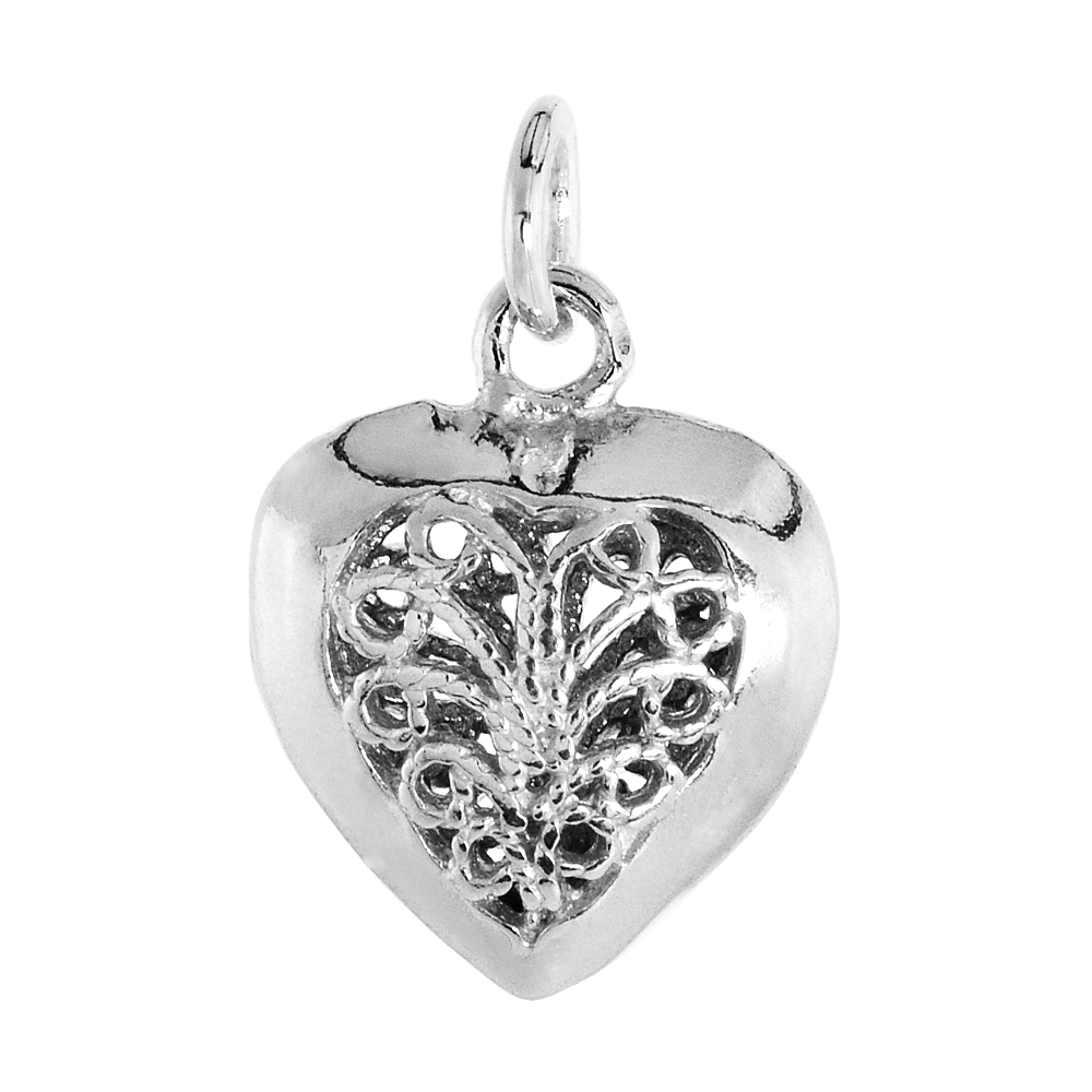 STERLING SILVER SMALL FILIGREE HEART PENDANT, 5/8 INCH TALL