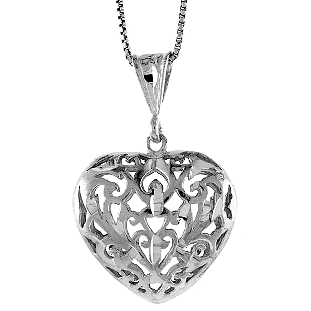 STERLING SILVER FILIGREE HEART PENDANT, 1 INCH TALL