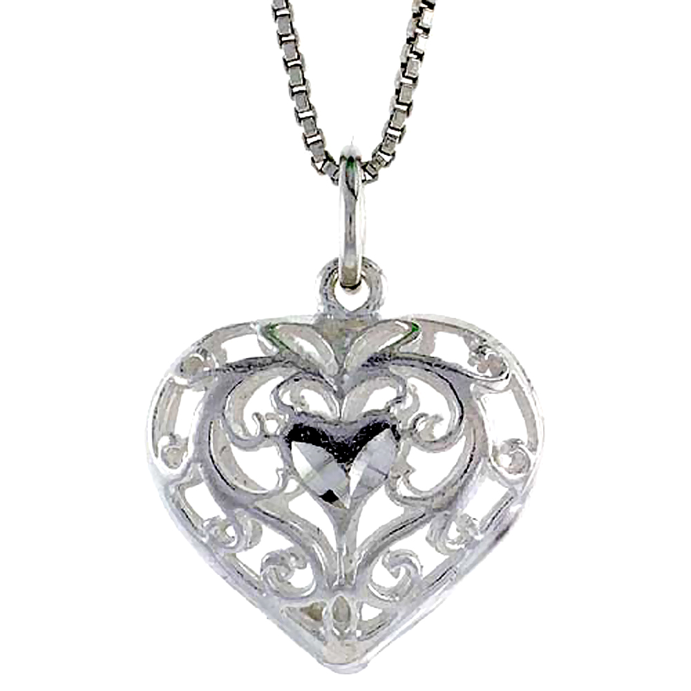 STERLING SILVER FILIGREE HEART PENDANT, 3/4 INCH TALL