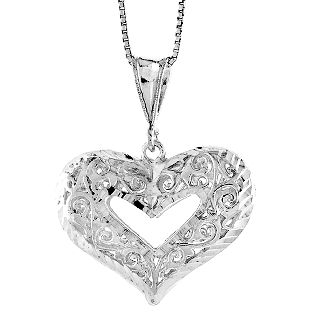 STERLING SILVER FILIGREE CUT-OUT HEART PENDANT, 7/8 INCH TALL