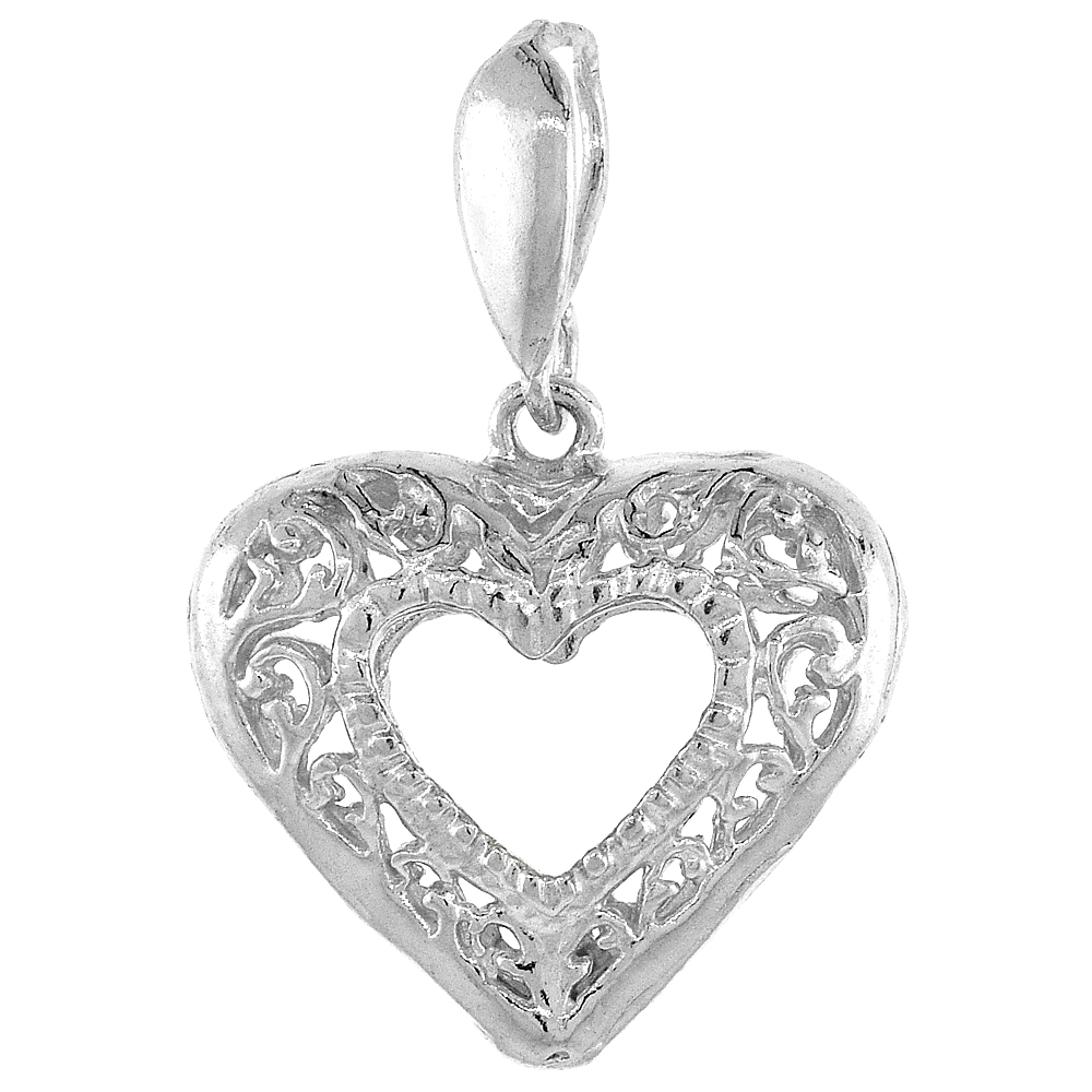 STERLING SILVER SMALL FILIGREE CUT-OUT HEART PENDANT, 3/4 INCH TALL