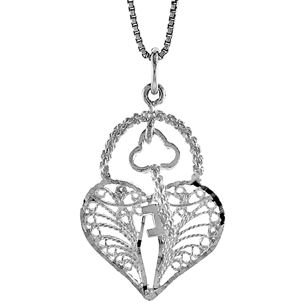 STERLING SILVER FILIGREE KEY TO MY HEART PENDANT, 1 1/16 INCH TALL