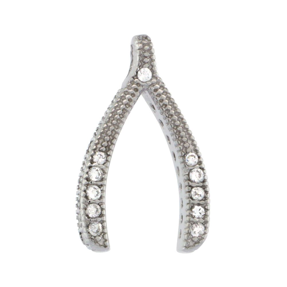 STERLING SILVER CUBIC ZIRCONIA WISHBONE PENDANT MICRO PAVE 5/8 INCH