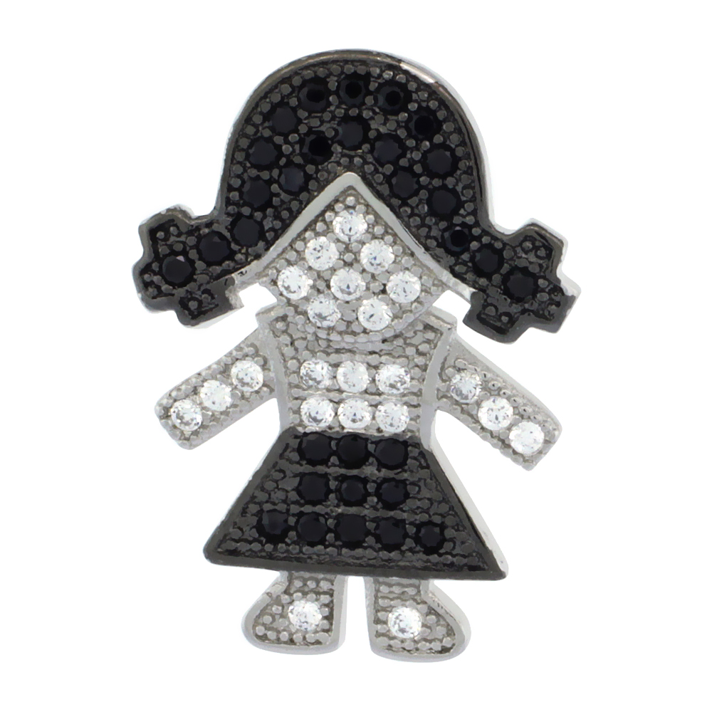 Sterling Silver Black & White CZ Girl Pendant Micro Pave 3/4 inch