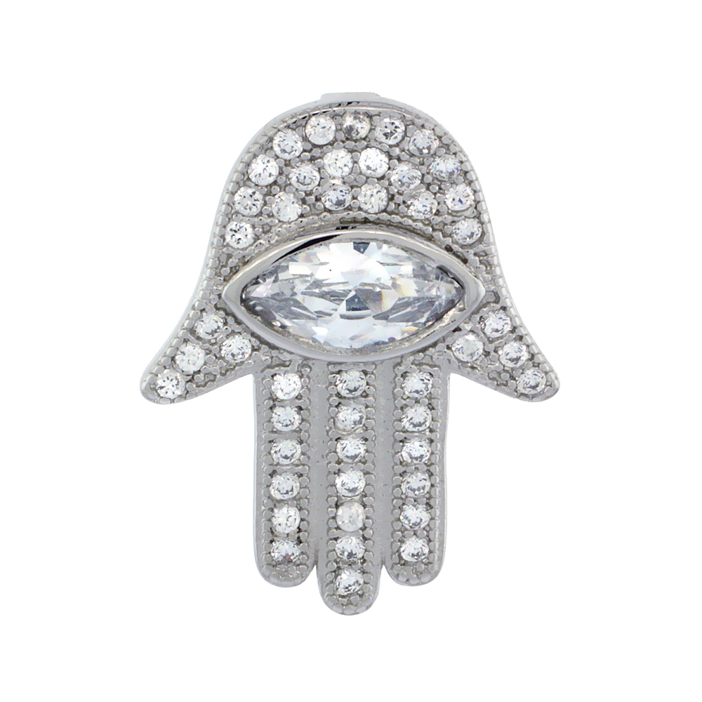STERLING SILVER CUBIC ZIRCONIA HAMSA PENDANT MICRO PAVE 3/4 INCH