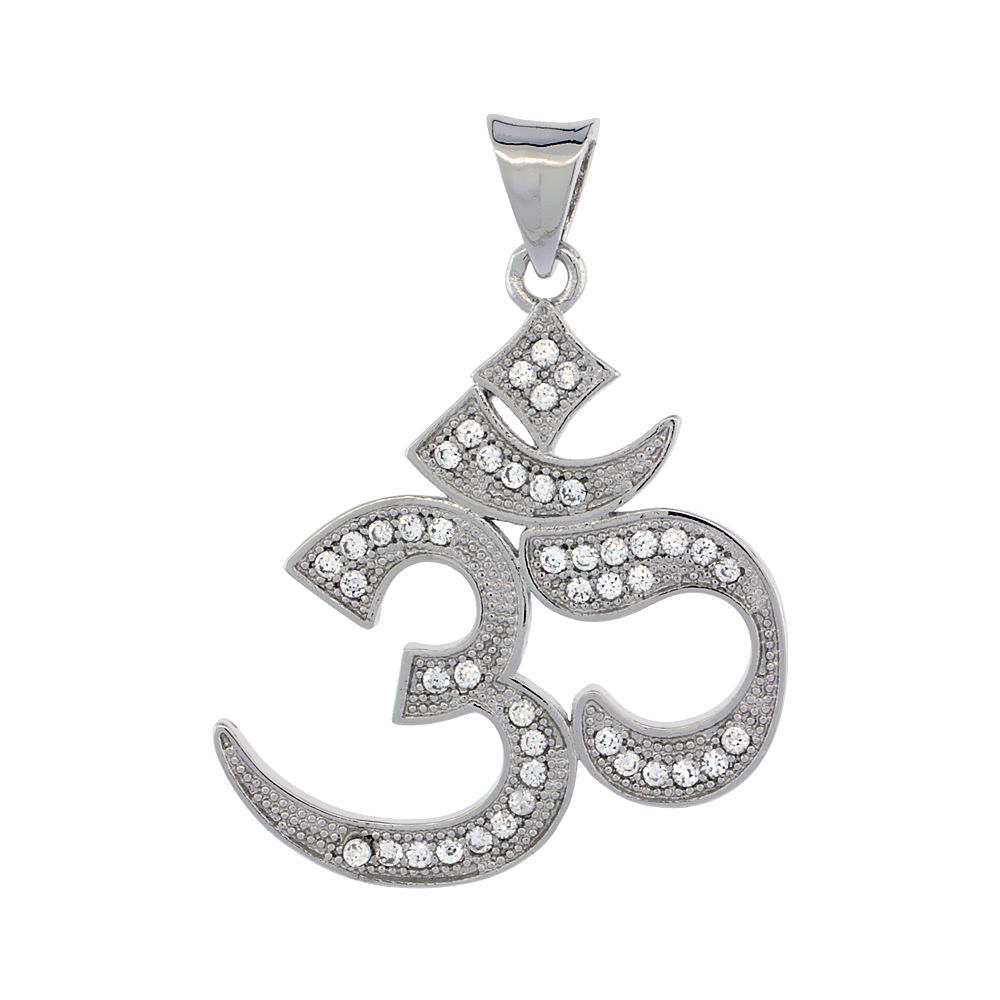 Sterling Silver Cubic Zirconia OM Omkar Pendant Micro Pave 1 inch