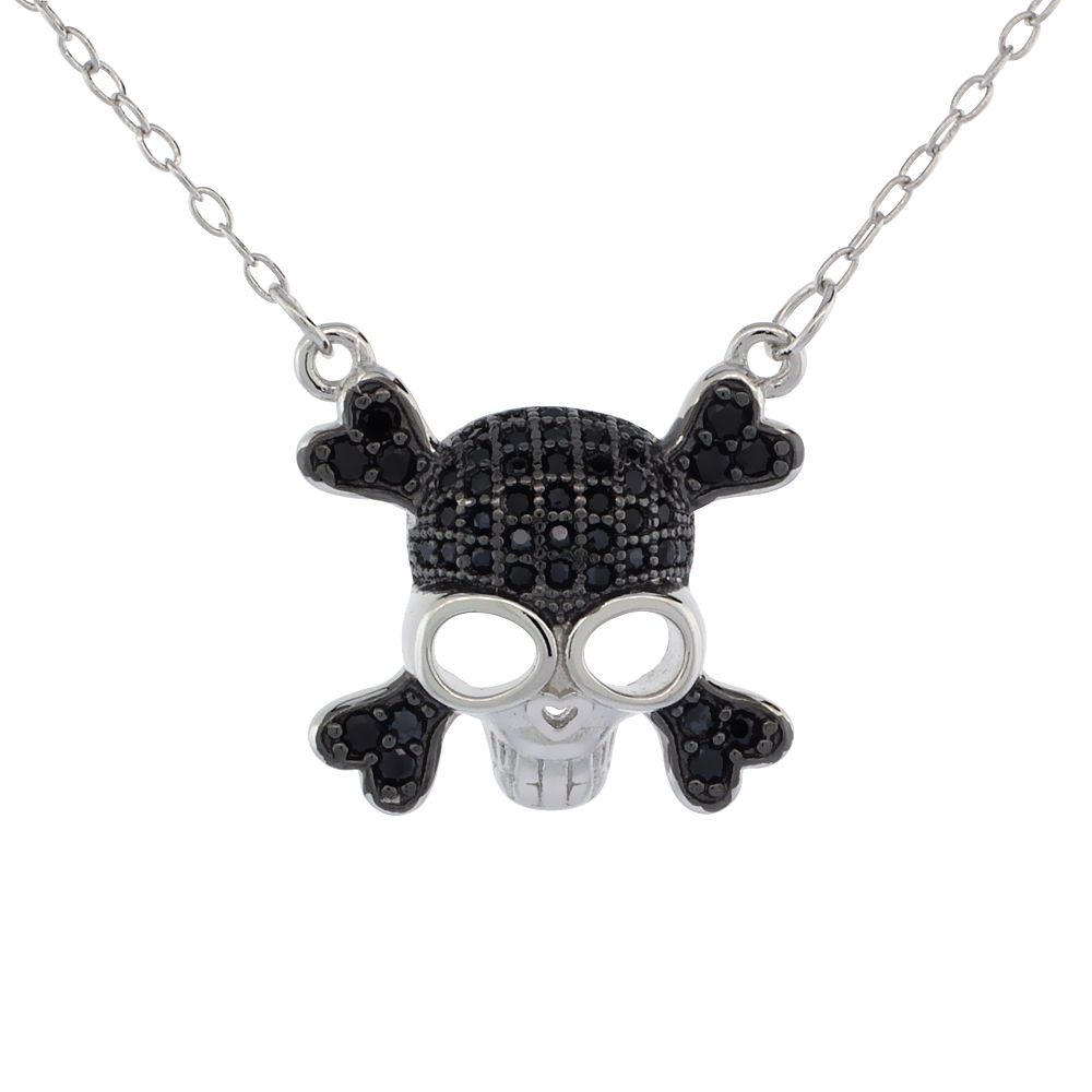 Sterling Silver Black & White CZ Skull & Crossbones Necklace Micro Pave 5/8 inch