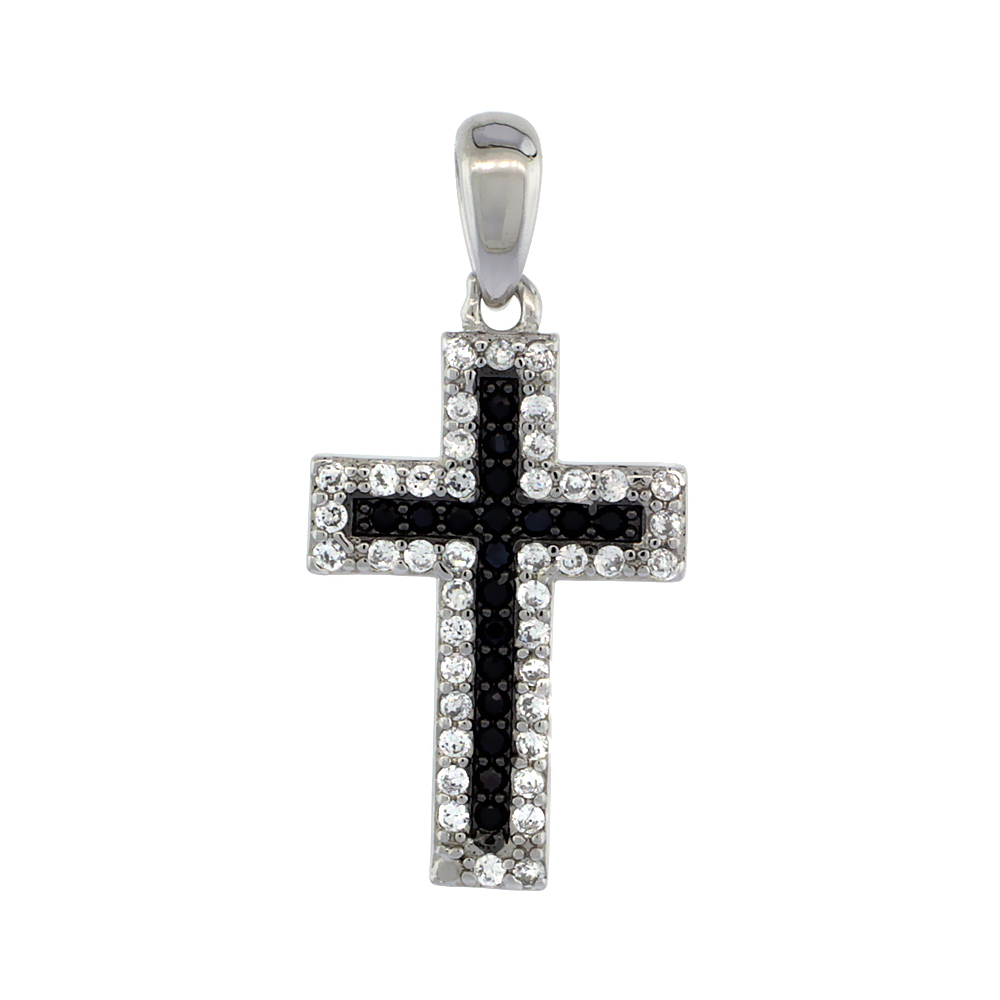 STERLING SILVER BLACK & WHITE CZ CROSS PENDANT MICRO PAVE 3/4 INCH