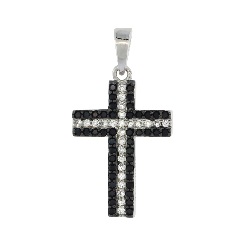 Sterling Silver Black & White CZ Cross Pendant Micro Pave 3/4 inch