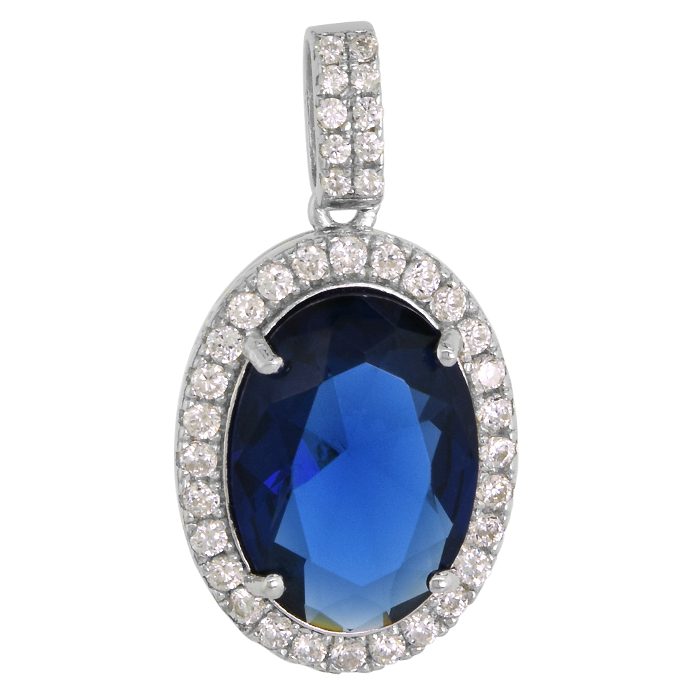 Sterling Silver Blue Sapphire Color Crystal Necklace Oval Micro Pave CZ, NO CHAIN