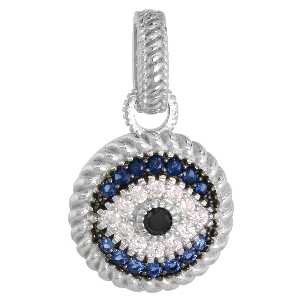 STERLING SILVER EVIL EYE PENDANT MICRO PAVE SYNTHETIC BLUE SAPPHIRE & CZ, NO CHAIN