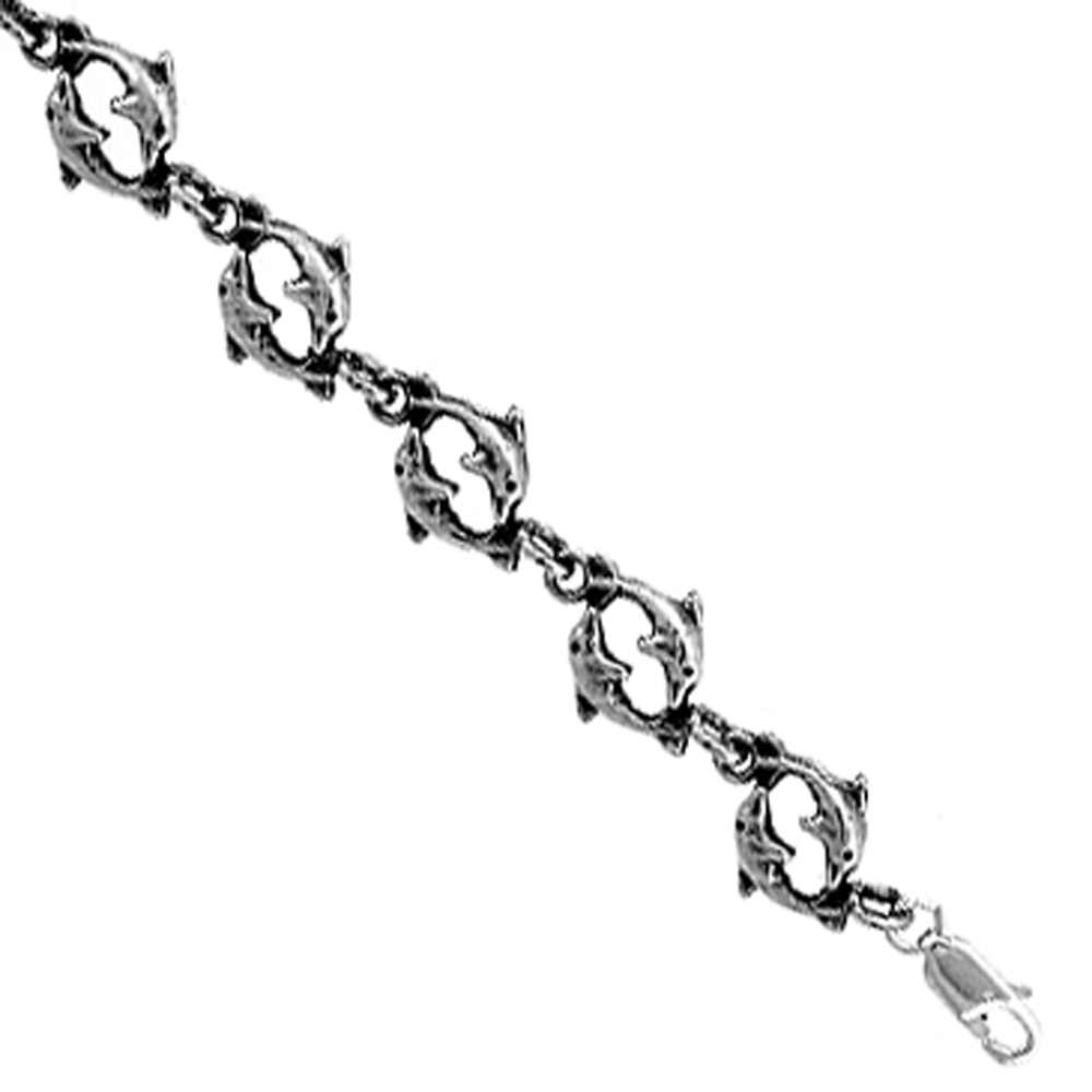 Sterling Silver Double Dolphin Charm Bracelet, 7 inches long