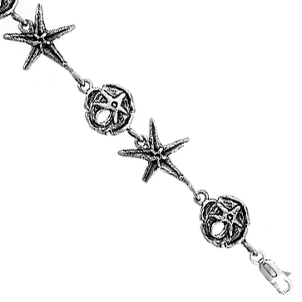 Sterling Silver Star Fish & Sand Dollar Charm Bracelet, 7 inches long