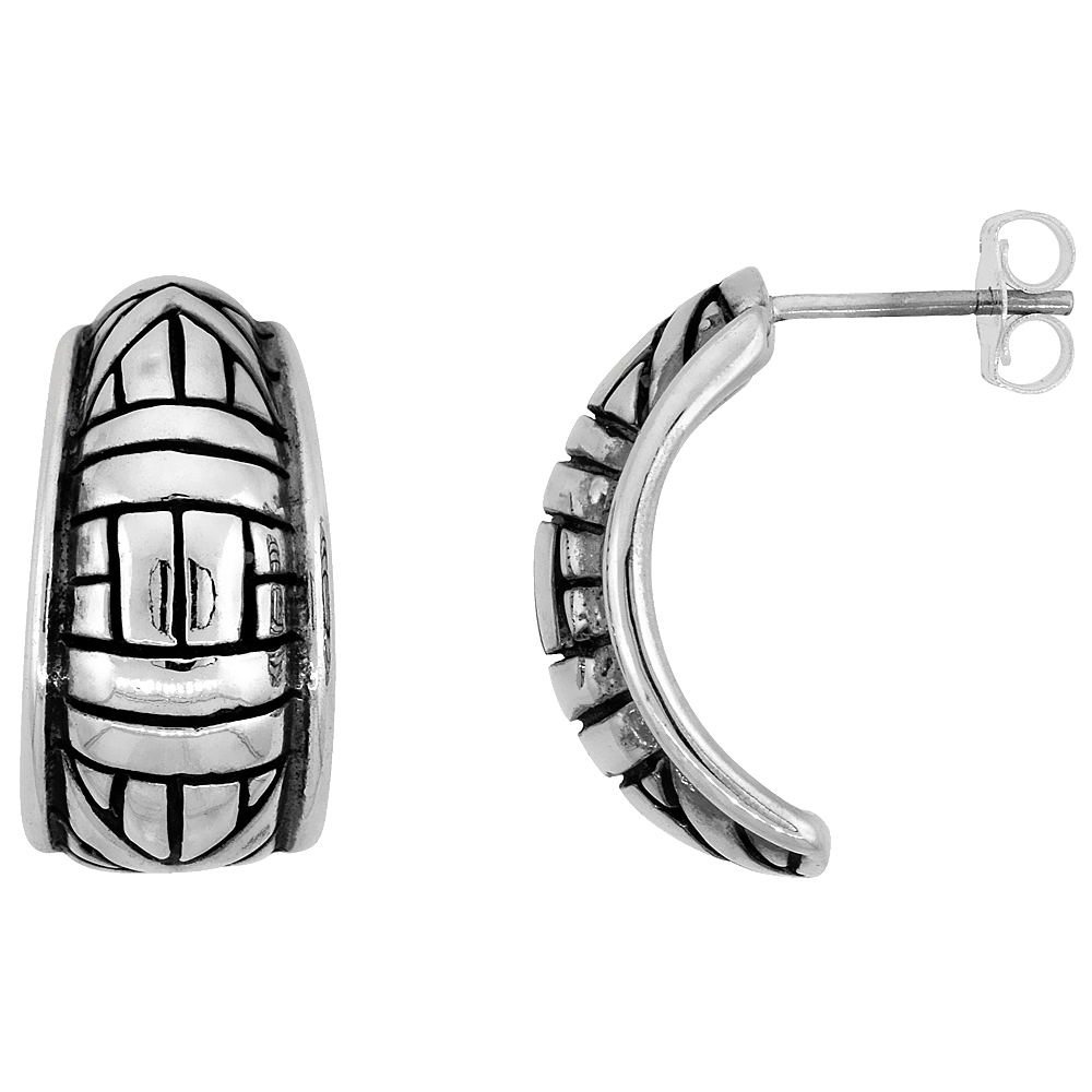 3/4 inch Sterling Silver Mosaic Pattern Half Hoop Post Earrings for Women Antiqued Finish 3/8 inch wide