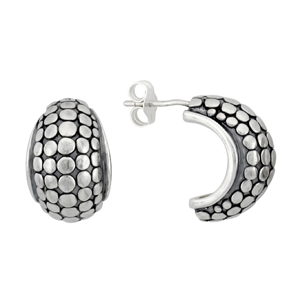 5/8 inch Sterling Silver Balinese Pebbles Pattern Half Hoop Post Earrings for Women Antiqued Finish 3/8 inch wide