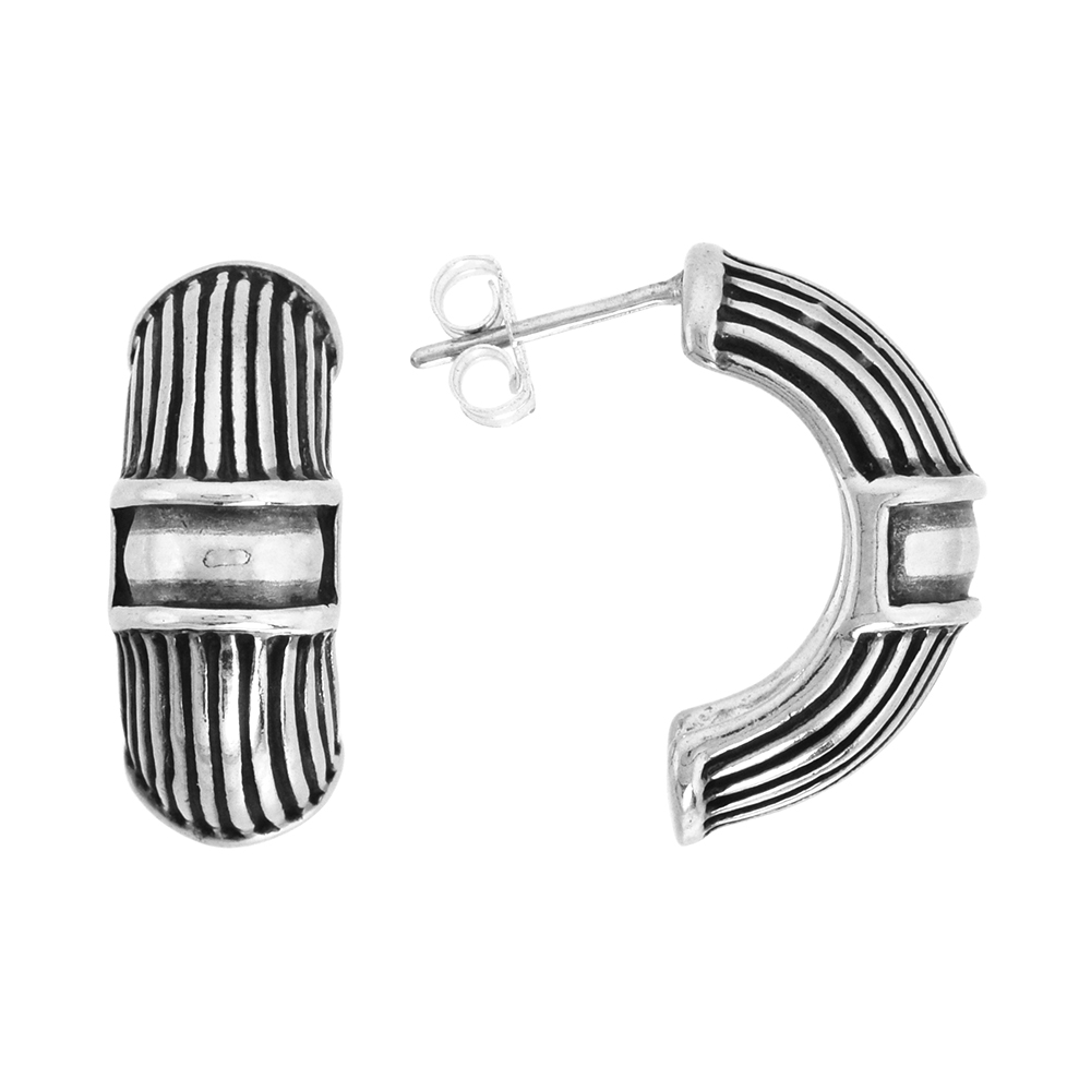 3/4 inch Sterling Silver Vertical Line Pattern Half Hoop Post Earrings for Women Antiqued Finish 1/2 inch wide
