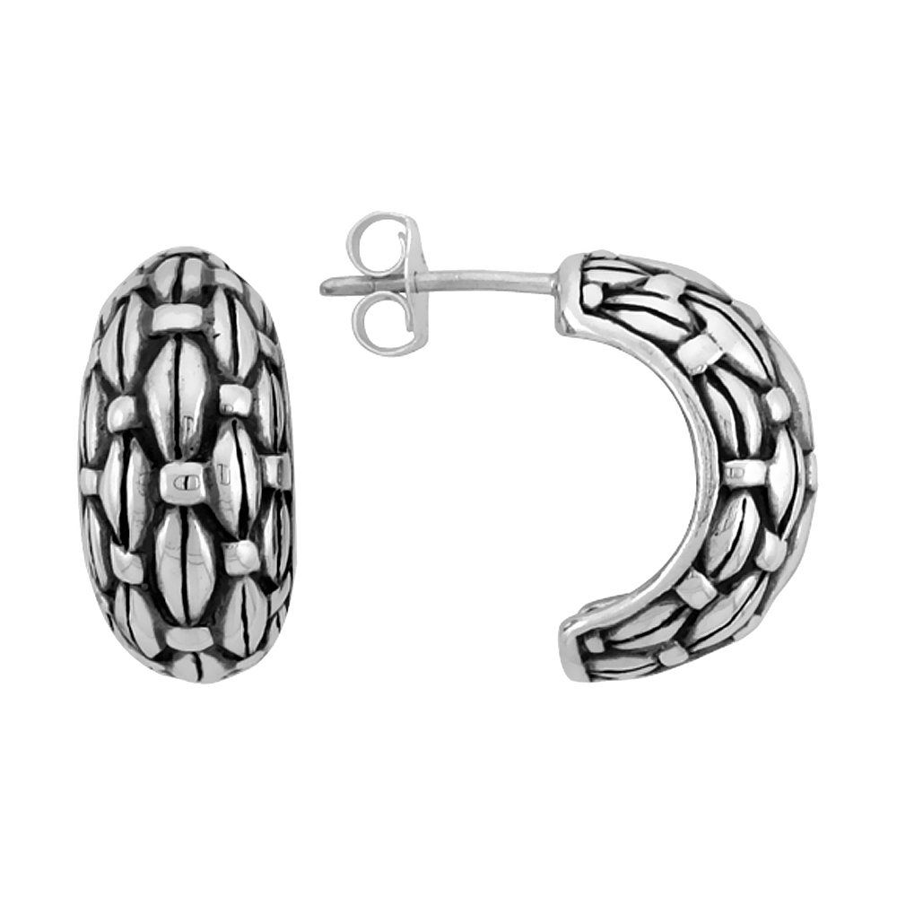 5/8 inch Sterling Silver Fine Basket Weave Pattern Half Hoop Post Earrings for Women Antiqued Finish 3/8 inch wide
