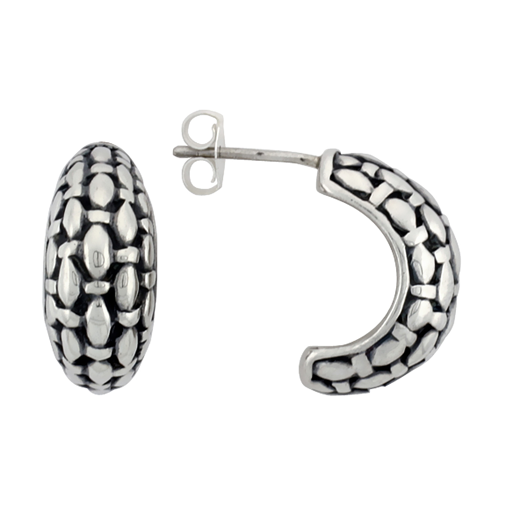 5/8 inch Sterling Silver Basket Weave Pattern Half Hoop Post Earrings for Women Antiqued Finish 3/8 inch wide