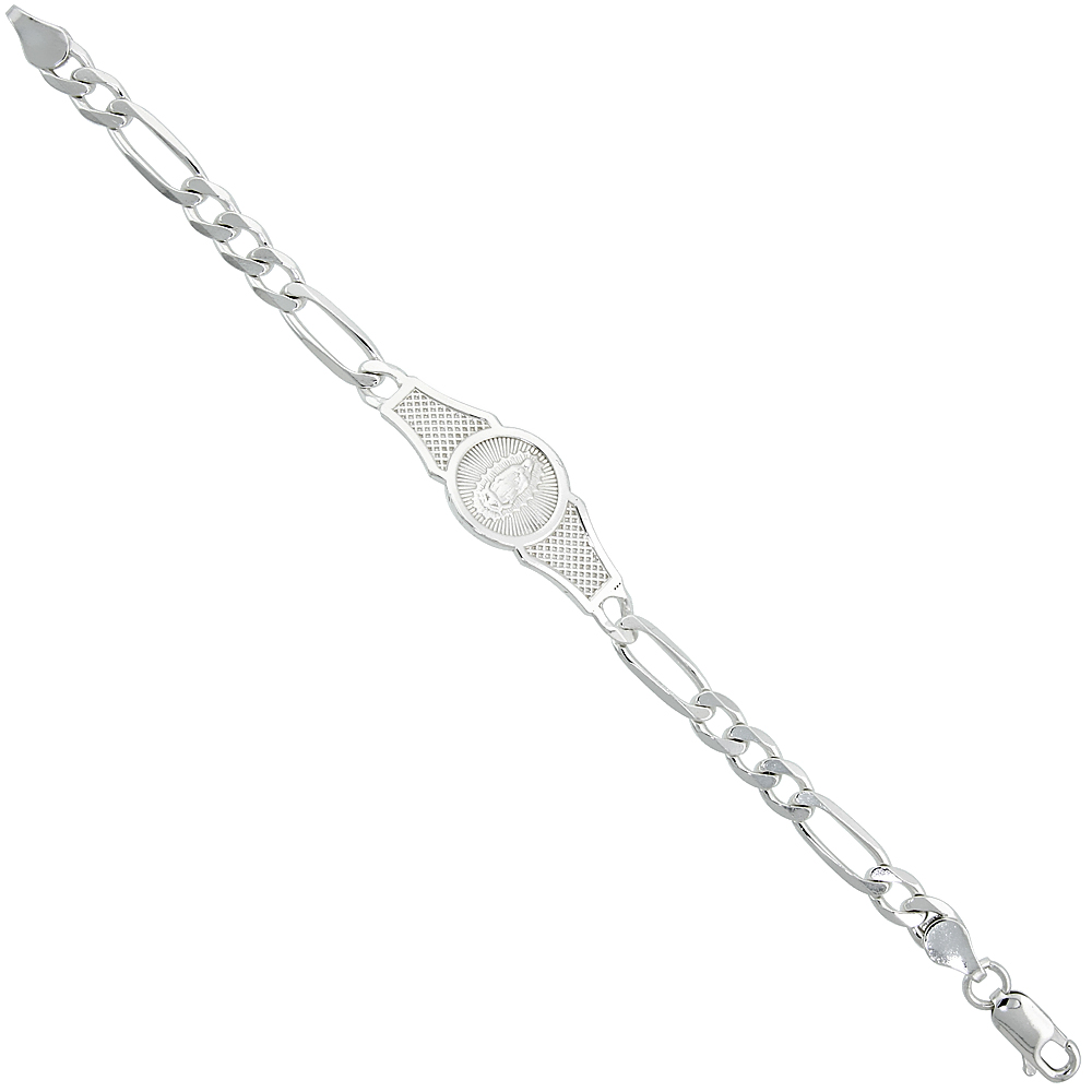 Sterling Silver Figaro Link Our Lady of Guadalupe 6 in. Baby Bracelet, 3/16 inch (5 mm) wide