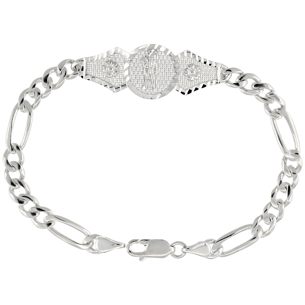 Sterling Silver St. Jude Bracelet for Women 1/2 inch wide with Figaro Links Diamond Cut finish 7 inches long