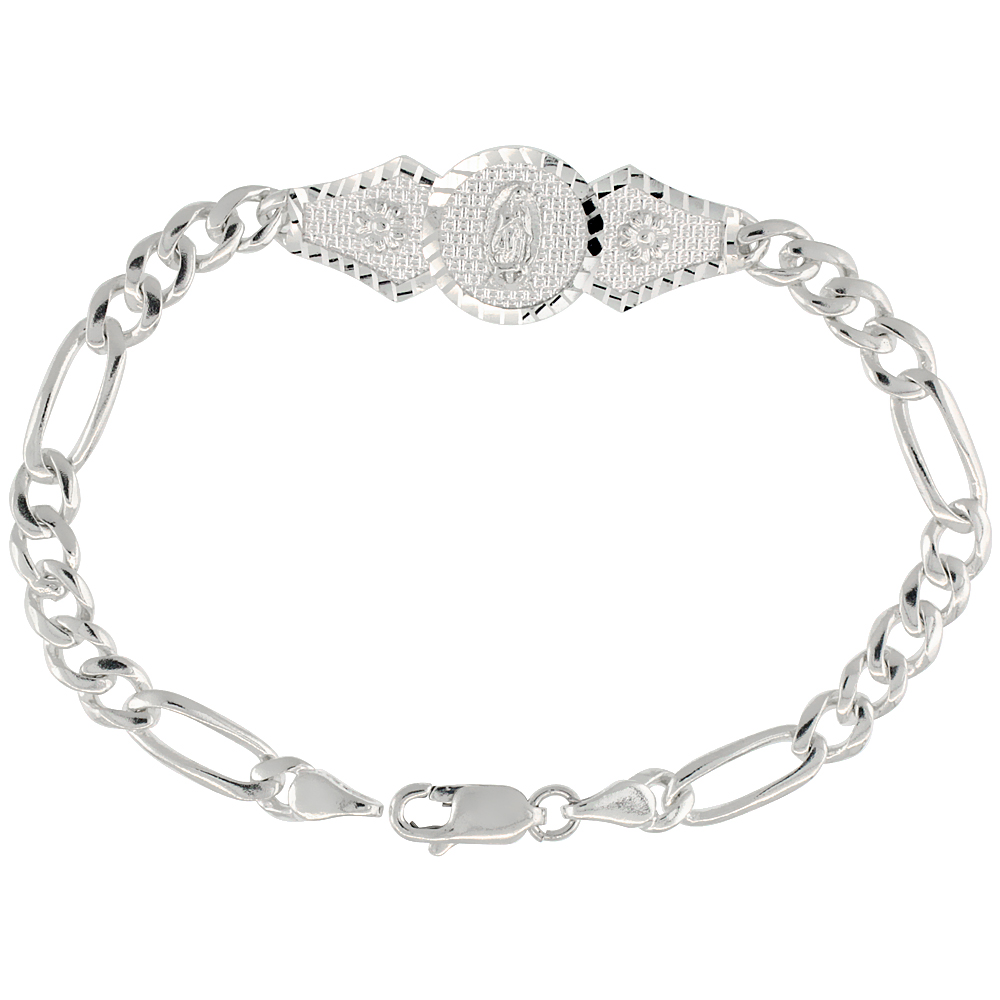 Sterling Silver Guadalupe Bracelet for Women 1/2 inch wide with Figaro Links Diamond Cut finish 7 inches long