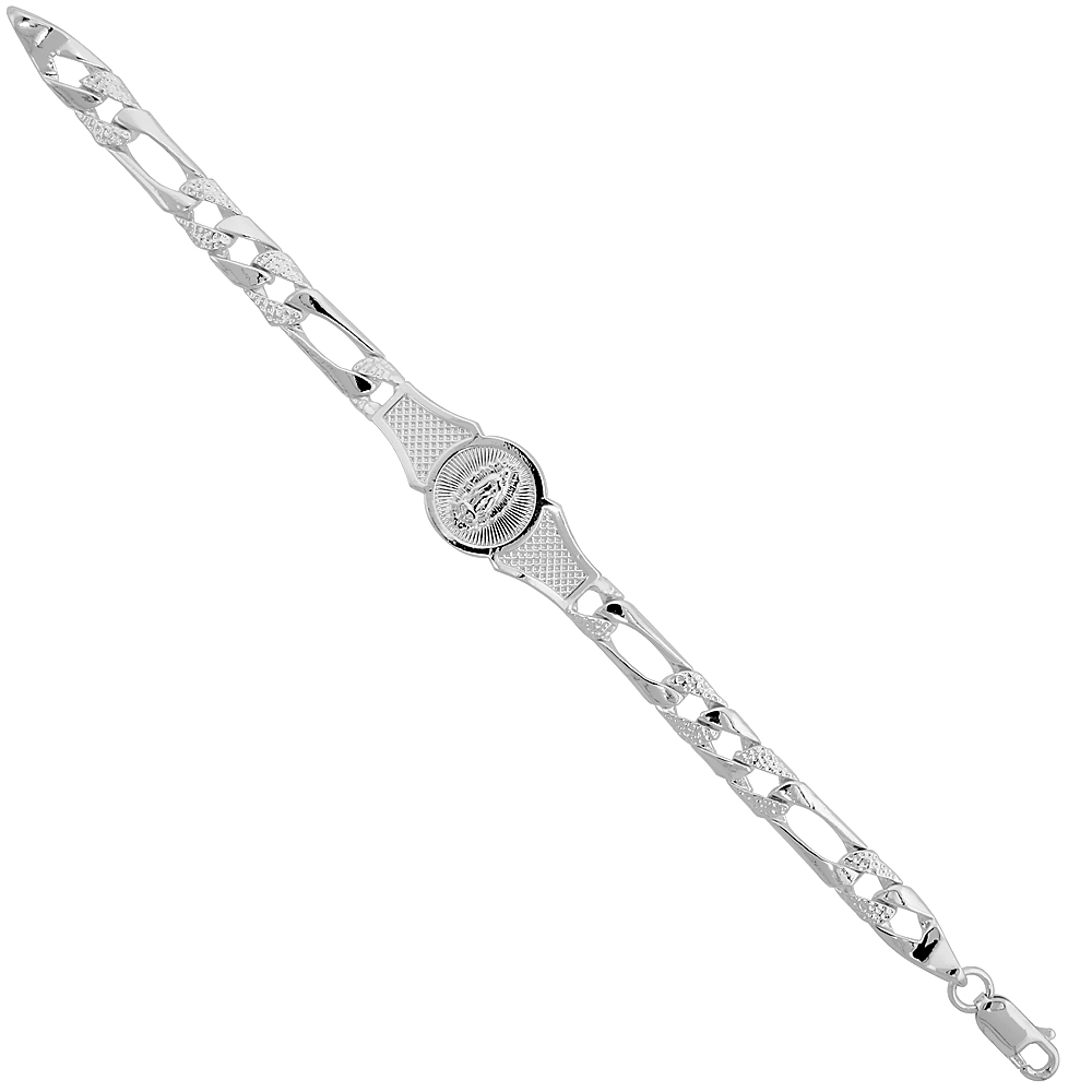 Sterling Silver Pave Figaro Link Our Lady of Guadalupe 6 in. Baby Bracelet, 1/4 inch (6 mm) wide