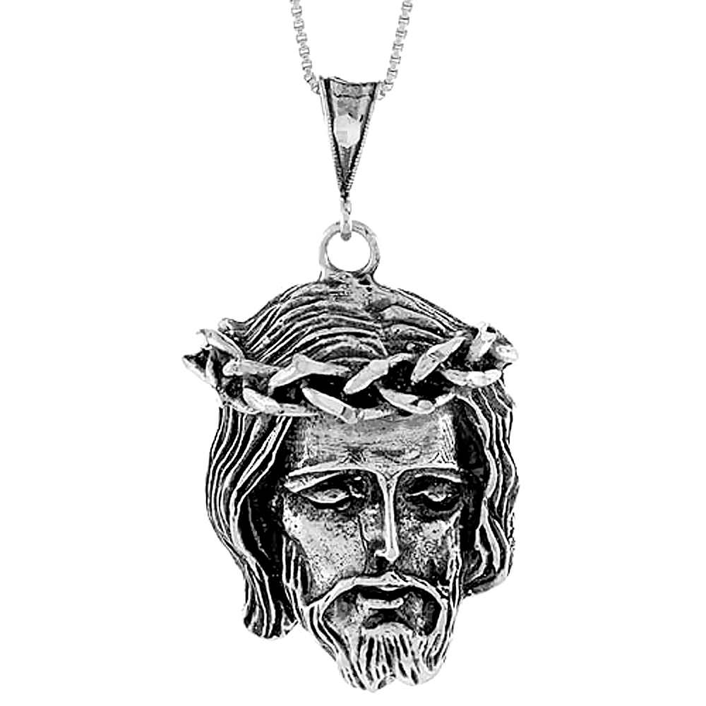 Sterling Silver Christ with Crown of Thorns Pendant, 1 1/2 inch