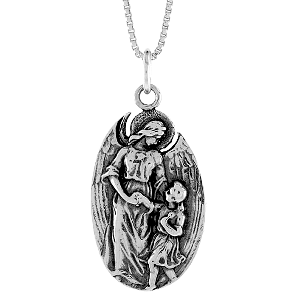 Sterling Silver Guardian Angel with Child Medal, 1 inch 