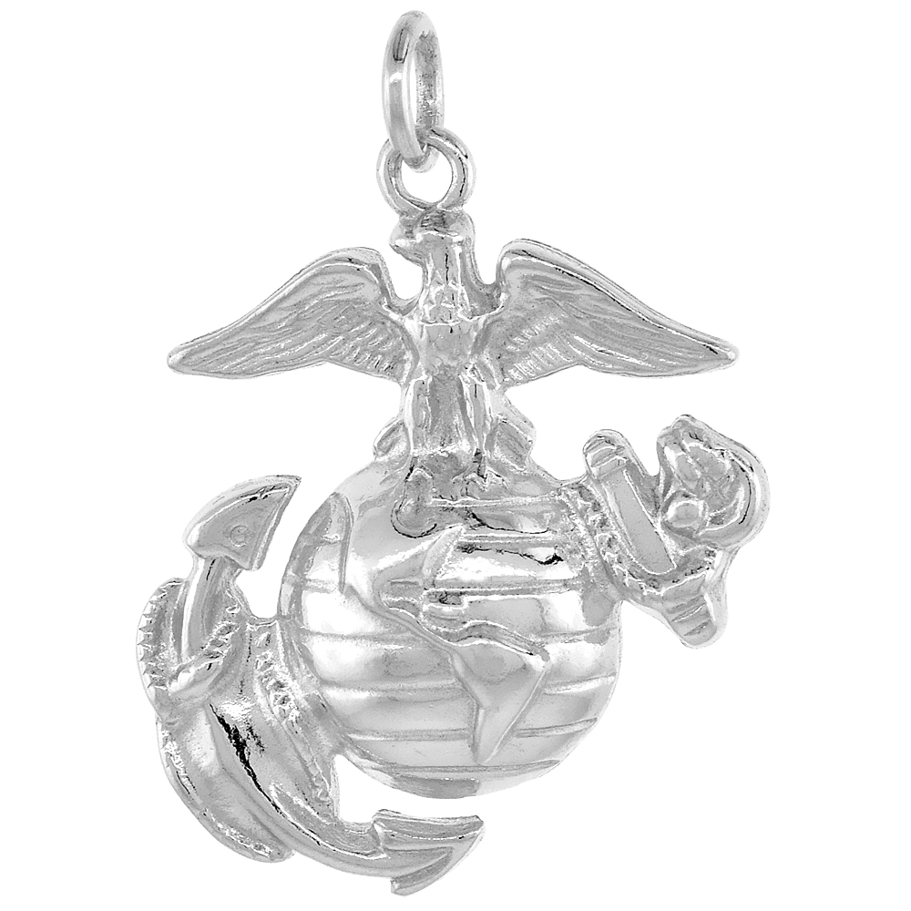 Sterling Silver Eagle Globe & Anchor U.S. Marines EGA Pendant, 1 1/8 inch tall