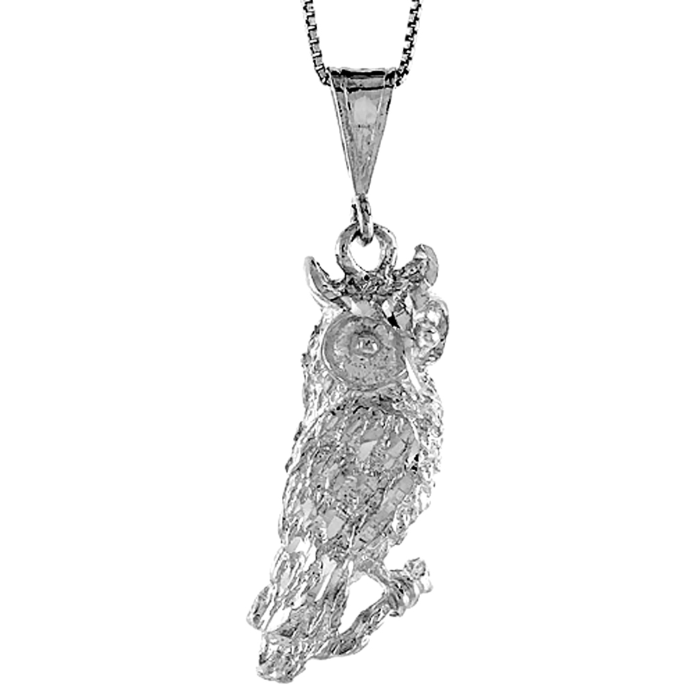 Sterling Silver Large Owl Pendant, 1 1/2 inch 