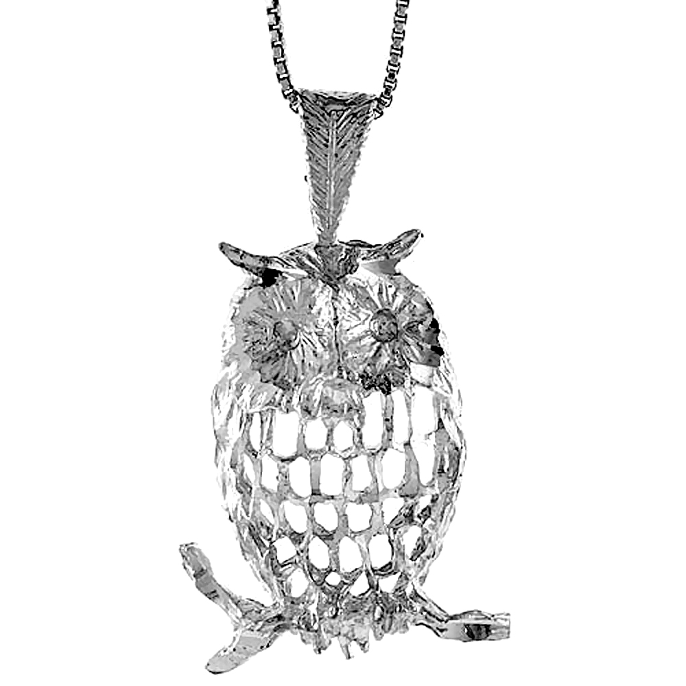 Sterling Silver Large Owl Pendant, 1 1/4 inch
