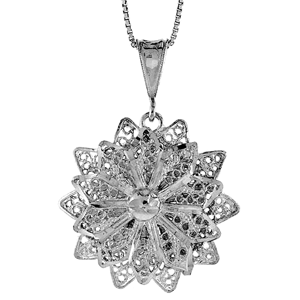 Sterling Silver Large Floral Filigree Pendant, 1 1/4 inch Tall