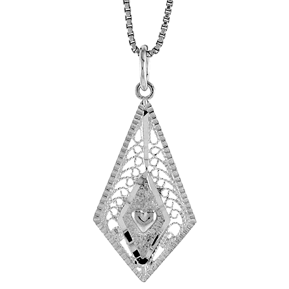Sterling Silver Diamond Shaped Filigree Pendant, 1 inch tall