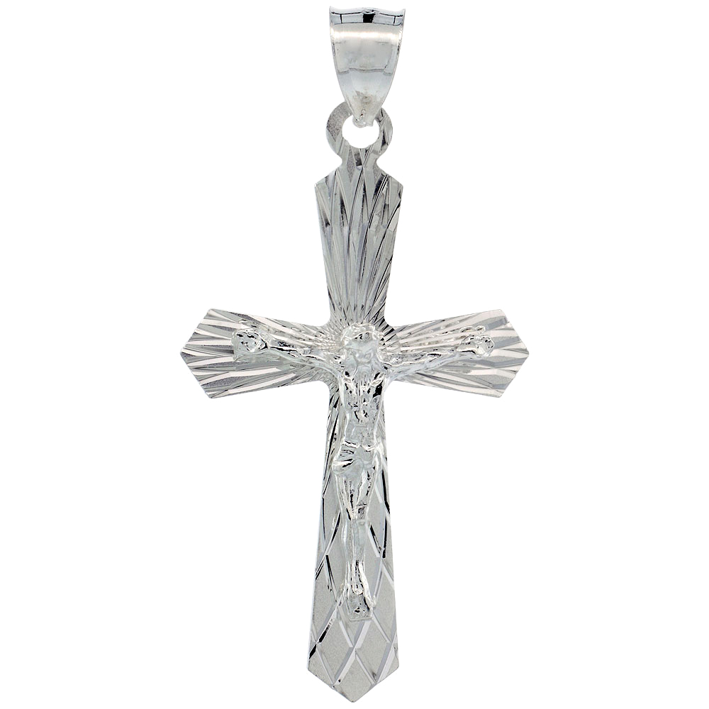 Sterling Silver Crucifix Pendant w/ Gothic Cross, 1 5/8 inch tall