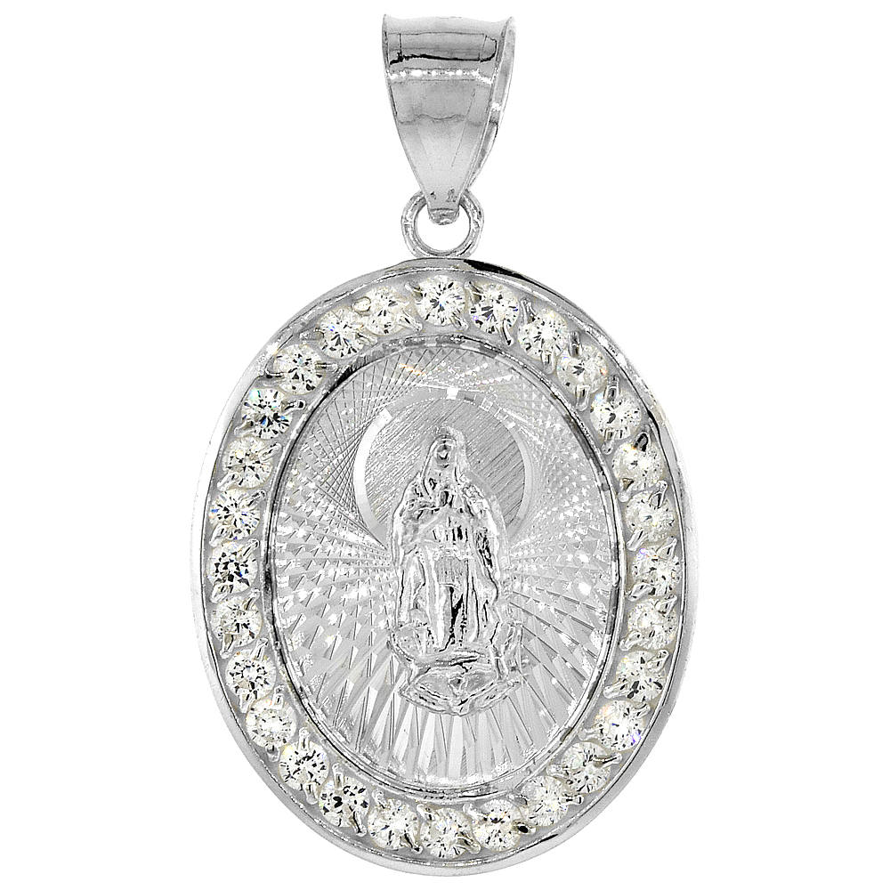 Sterling Silver Miraculous Medal Necklace Oval Virgin Mary Cubic Zirconia Halo, 1 1/16 inch