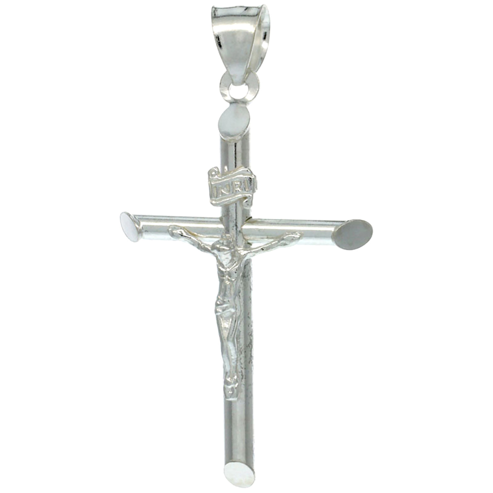 Sterling Silver Crucifix Pendant w/ Tubular Cross, 1 5/8 inch tall