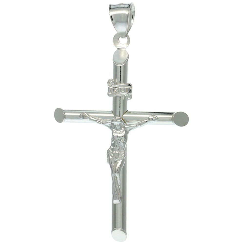 Sterling Silver Crucifix Pendant w/ Tubular Cross, 1 7/8 inch tall