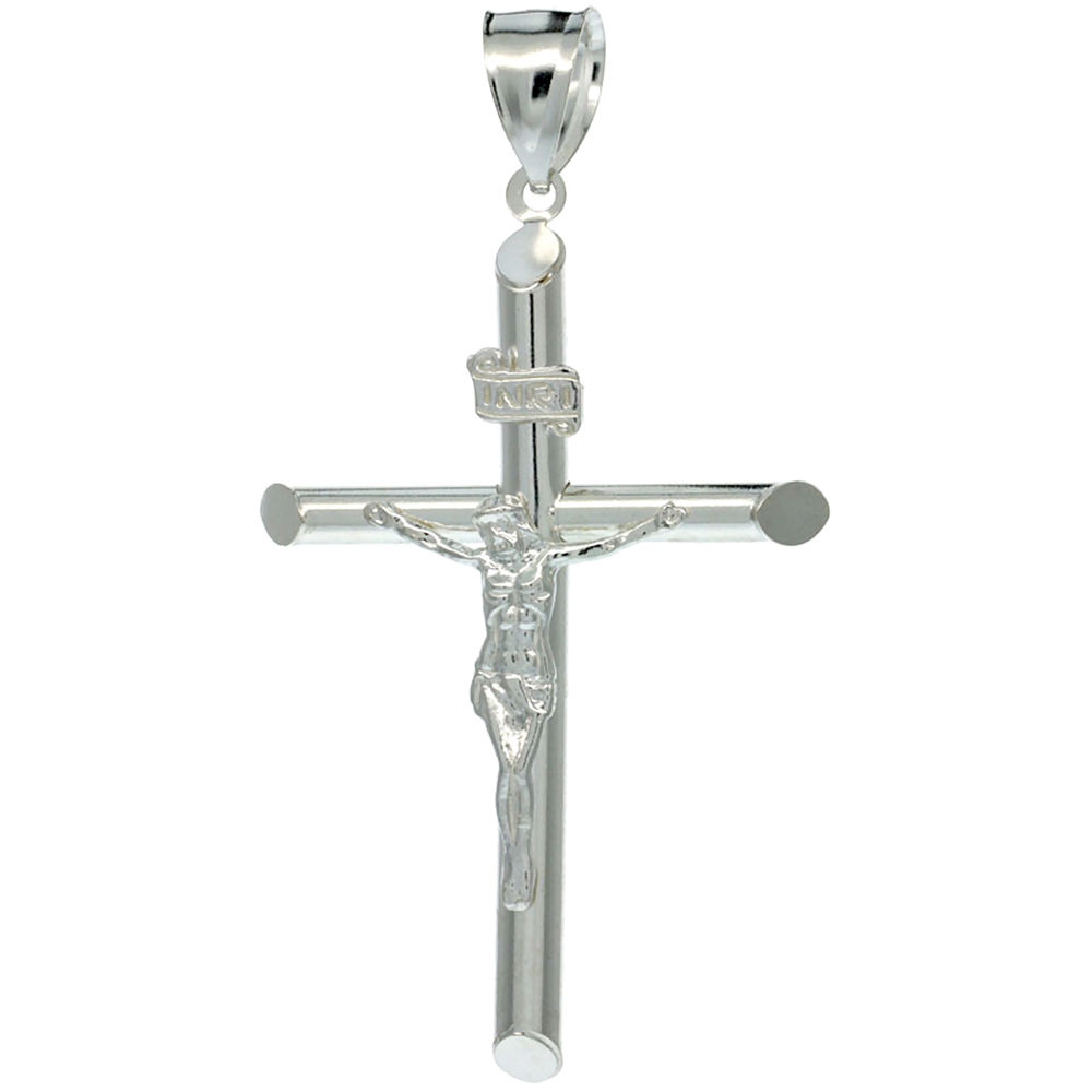 Sterling Silver Crucifix Pendant w/ Tubular Cross, 2 1/8 inch tall
